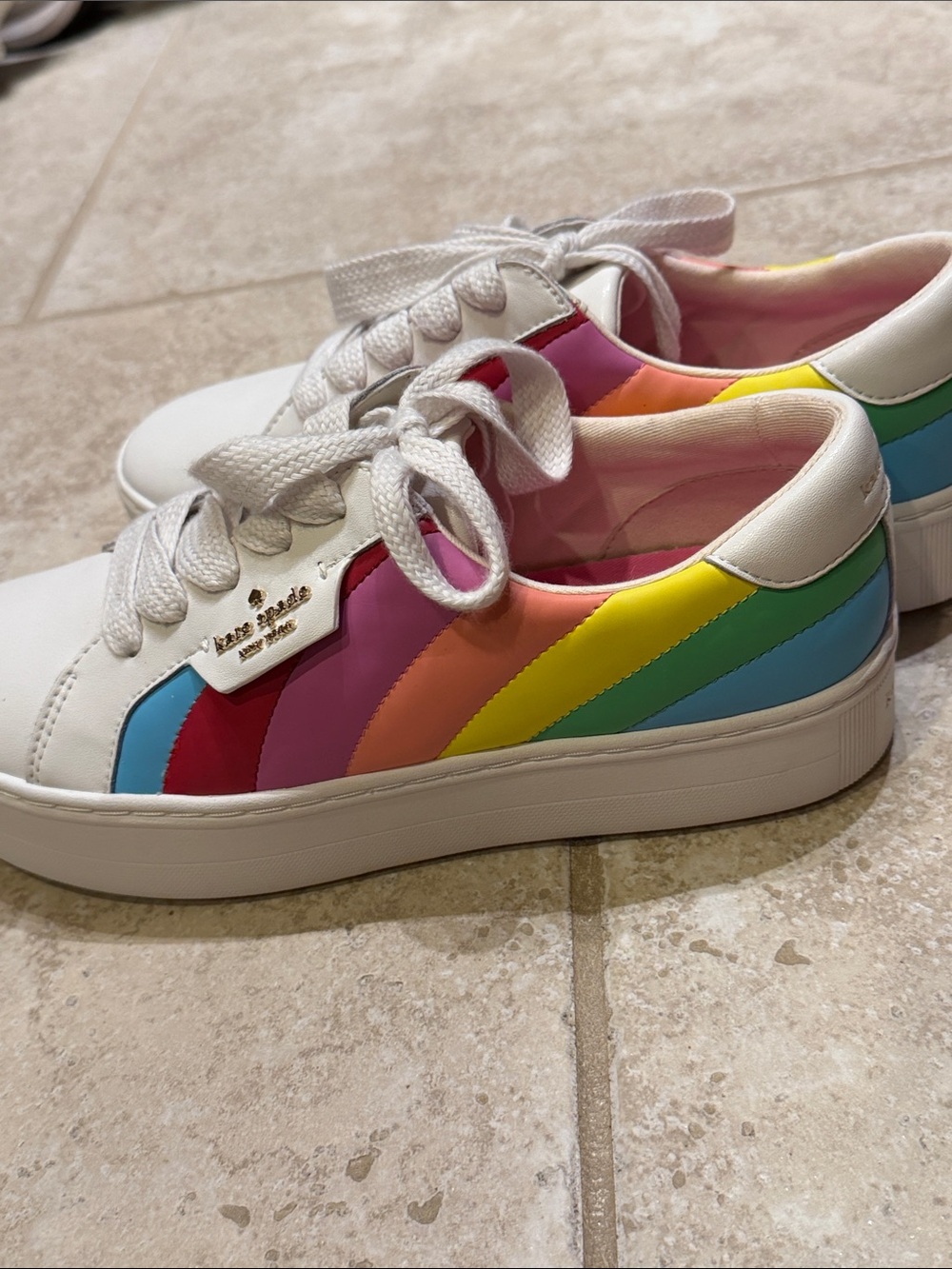 kate spade White Leather Sneakers with Pink, Blue & Yellow Accents - Picture 5 of 12